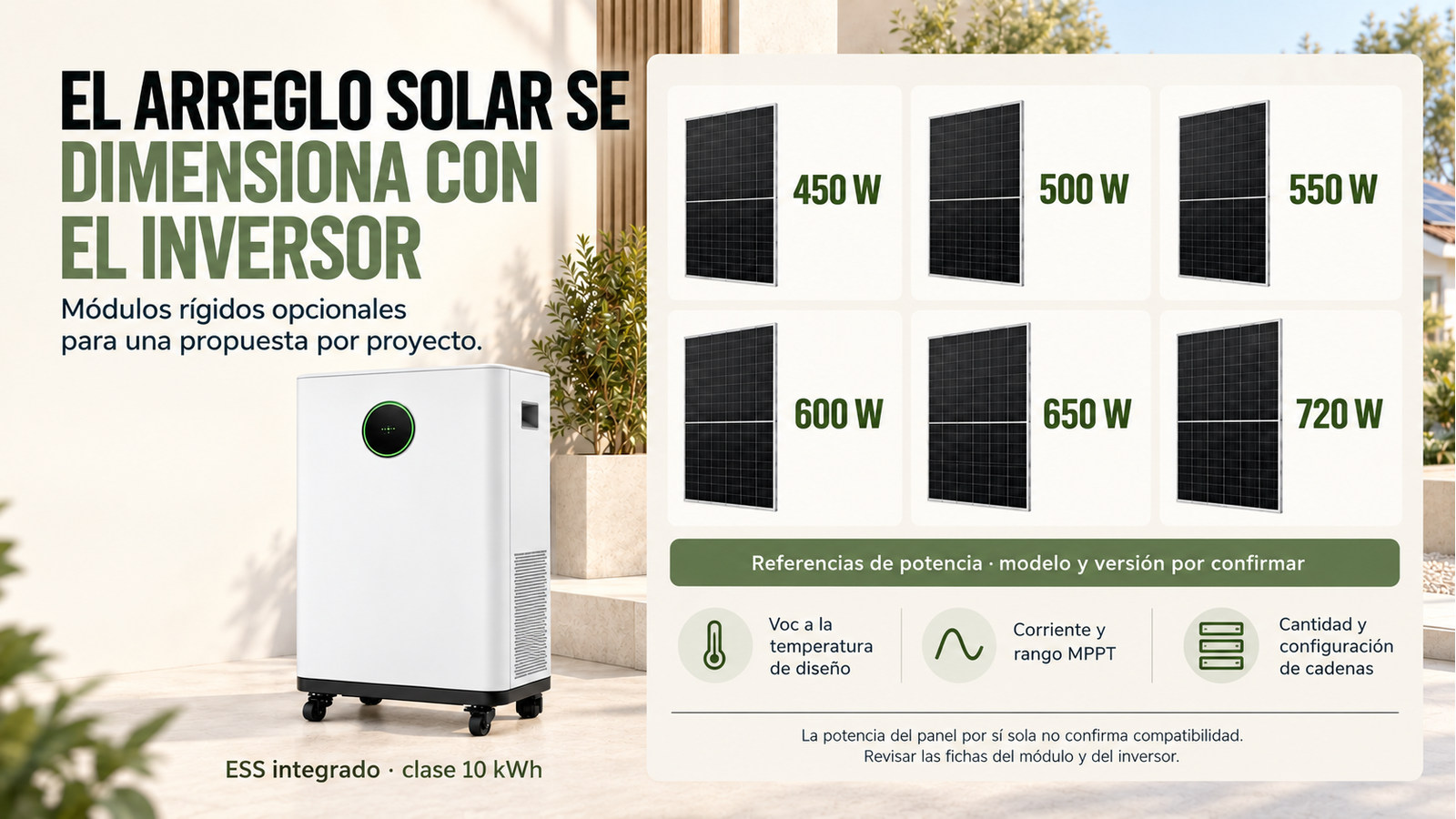 Potencias de módulos fotovoltaicos opcionales; selección sujeta a la ficha del inversor
