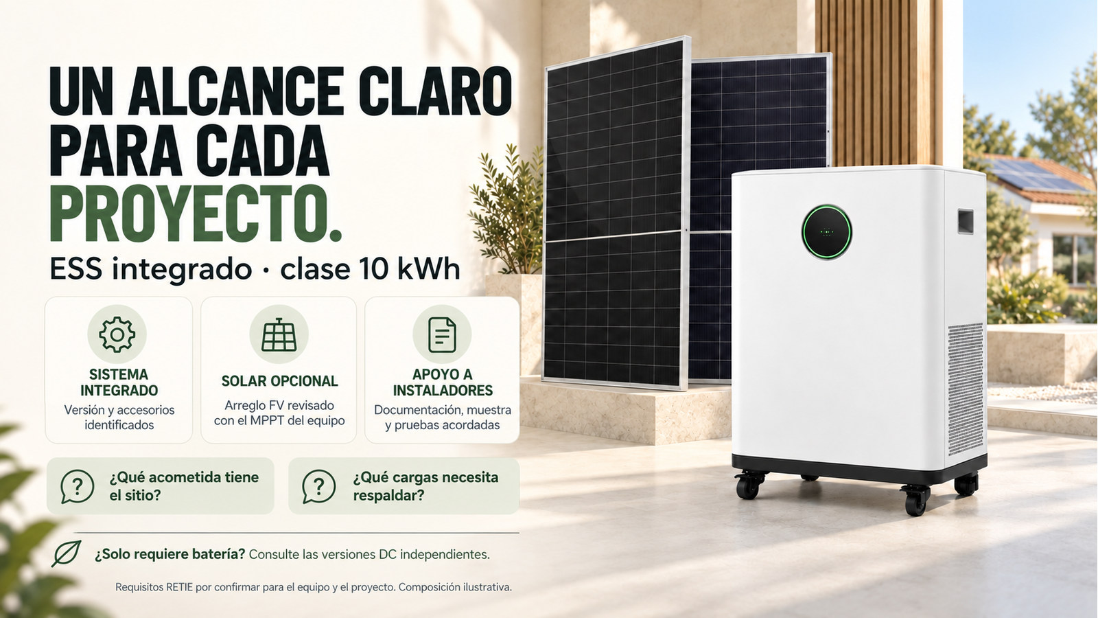 Alcance comercial y preguntas de evaluación para ESS integrado · clase 10 kWh
