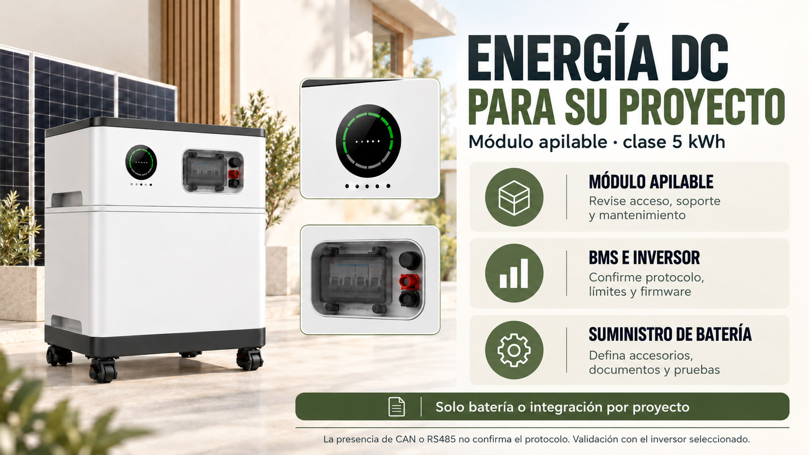 Aspectos de integración, versión y documentación de Módulo apilable · clase 5 kWh