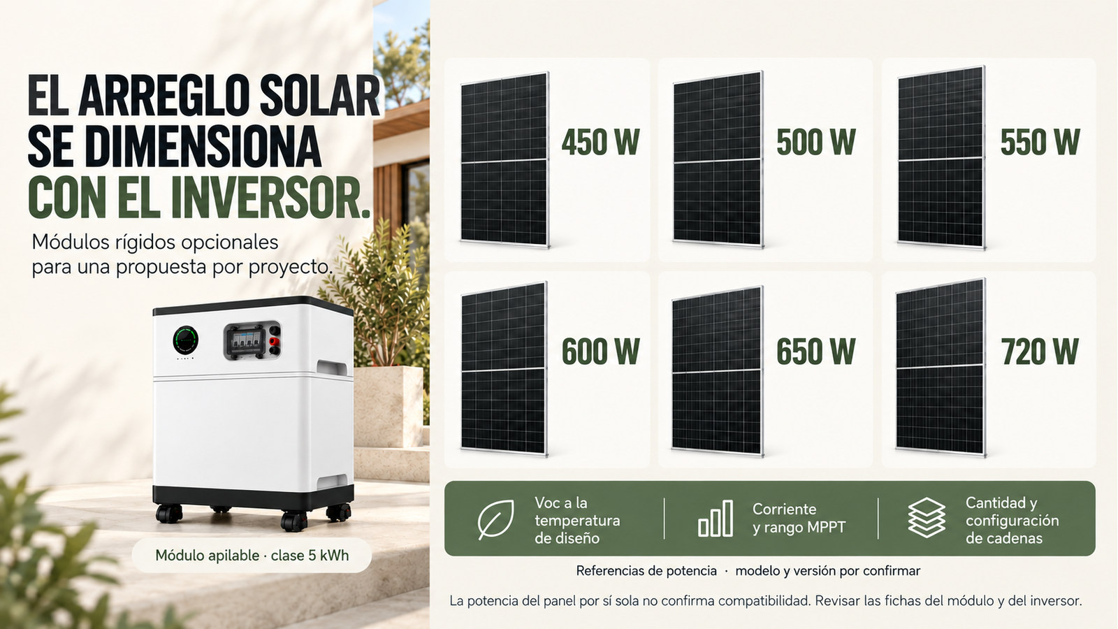Potencias de módulos fotovoltaicos opcionales; selección sujeta a la ficha del inversor