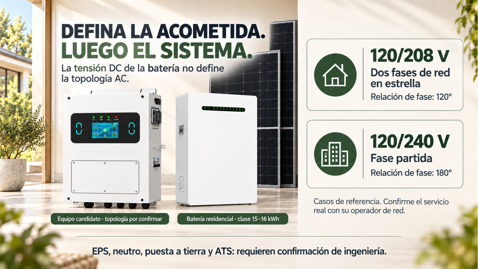 Distinción entre los casos 120/208 V de 120 grados y 120/240 V de 180 grados; equipo candidato sin compatibilidad confirmada