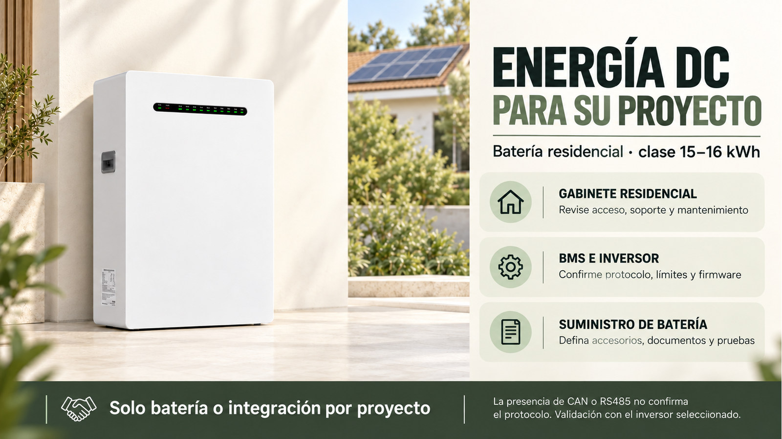 Aspectos de integración, versión y documentación de Batería residencial · clase 15–16 kWh