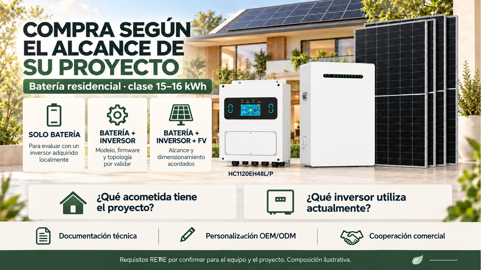 Alcance comercial y preguntas de evaluación para Batería residencial · clase 15–16 kWh