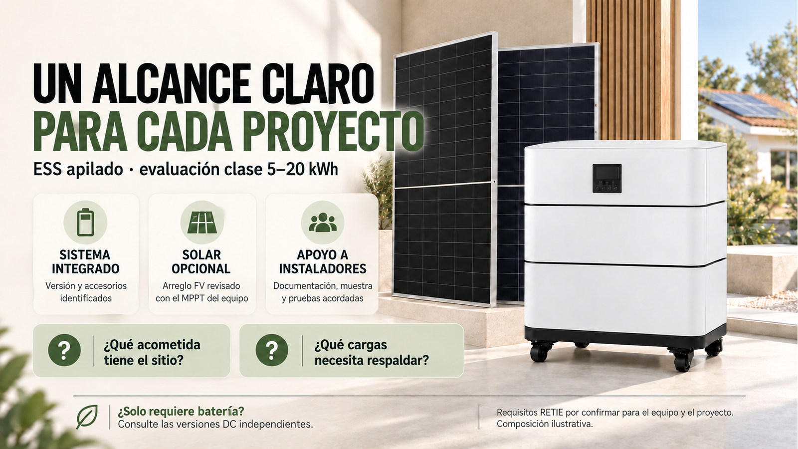 Alcance comercial y preguntas de evaluación para ESS apilado · evaluación clase 5–20 kWh