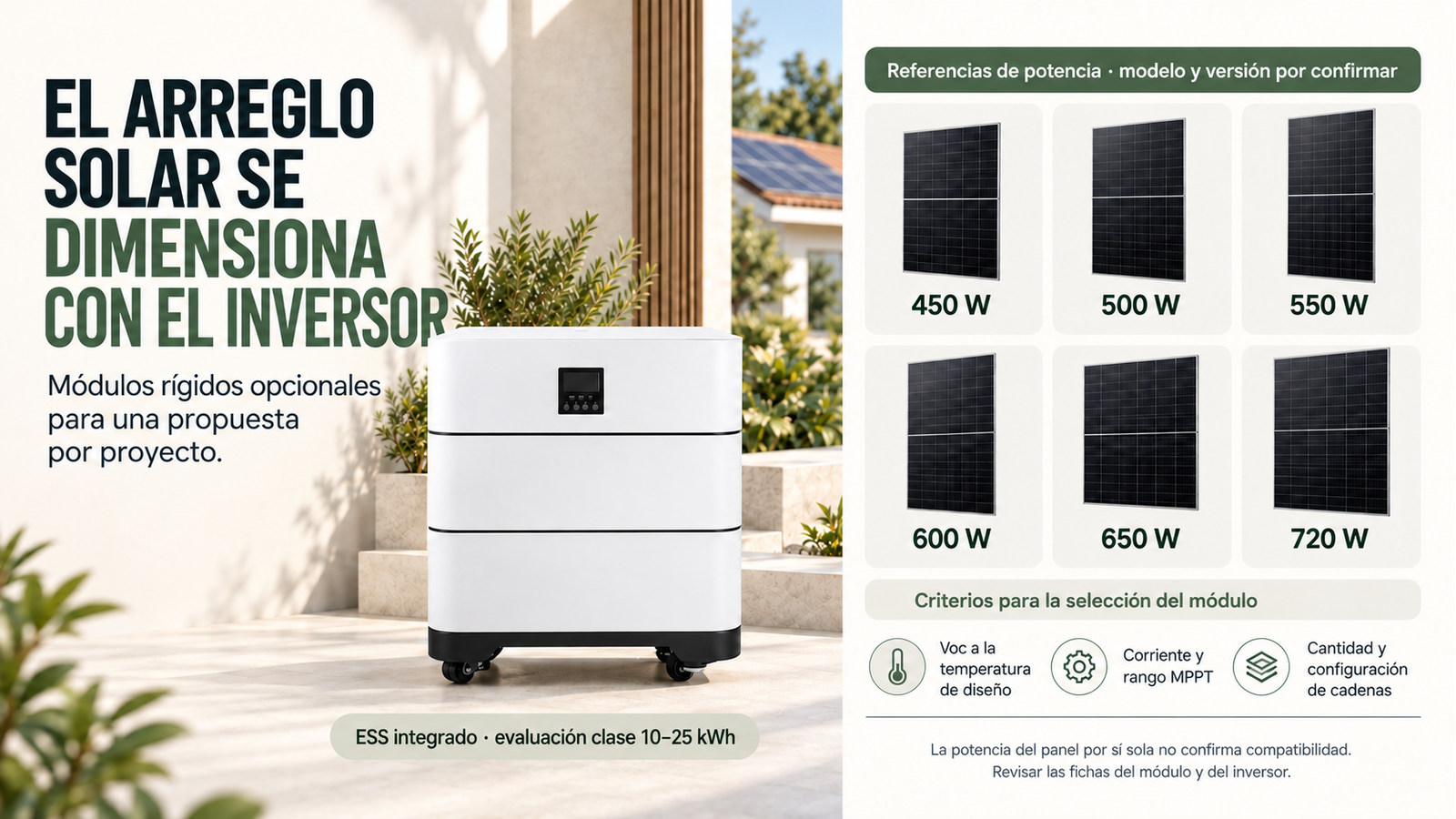 Potencias de módulos fotovoltaicos opcionales; selección sujeta a la ficha del inversor
