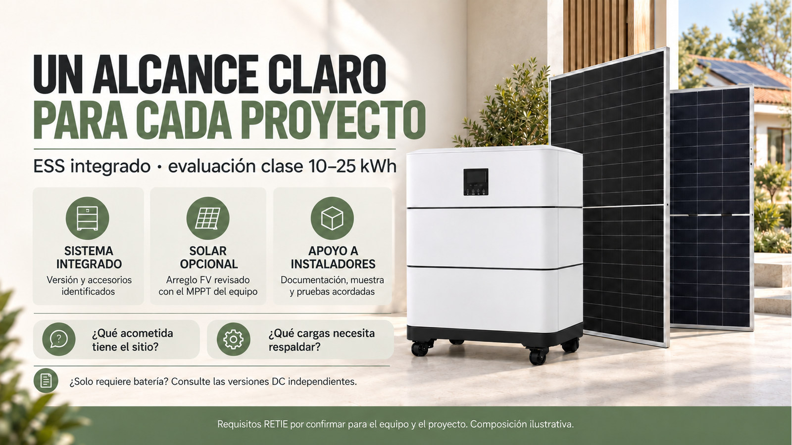 Alcance comercial y preguntas de evaluación para ESS integrado · evaluación clase 10–25 kWh