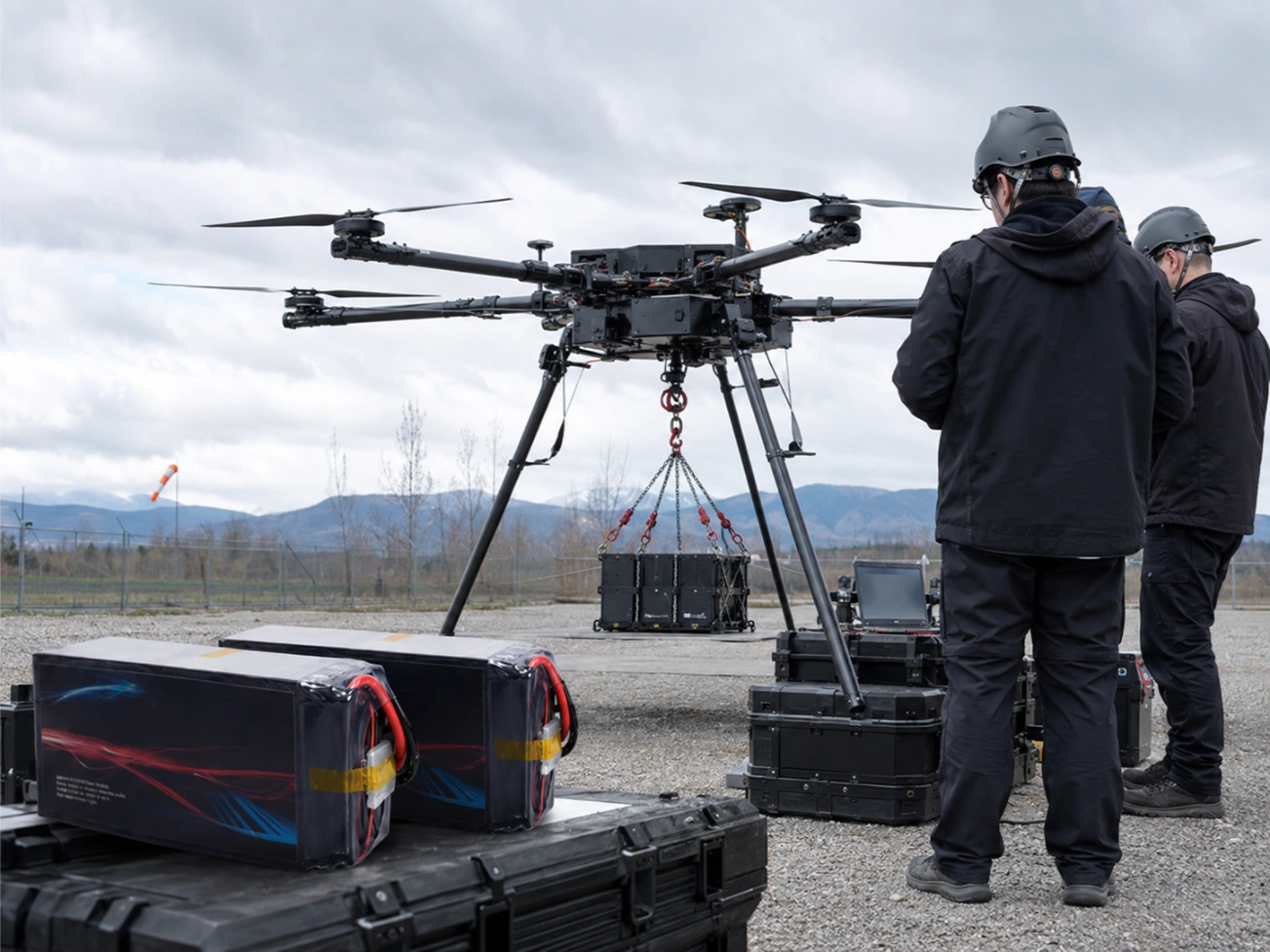Dron de limpieza transportando mangueras y equipos de servicio